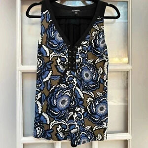 Express Y2K Blue & Brown Floral Sleeveless Front Lace Up Blouse Size S Small
